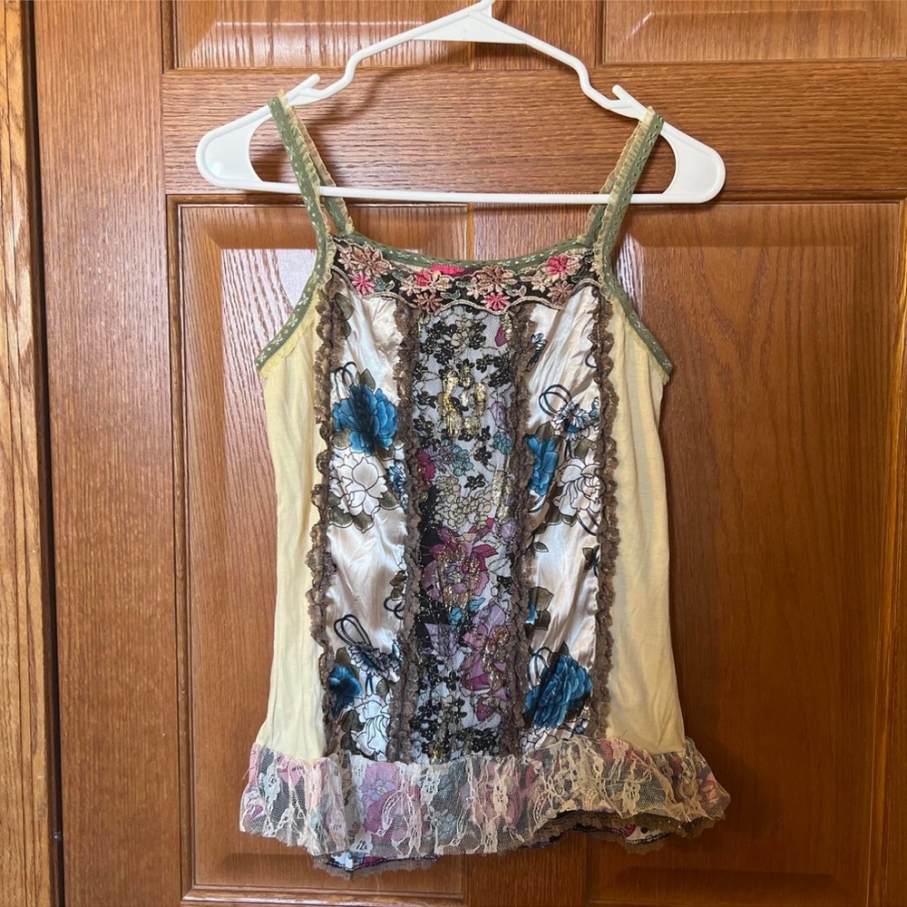 Yellow & Brown Satin Floral Lace Ruffle Fairy Top